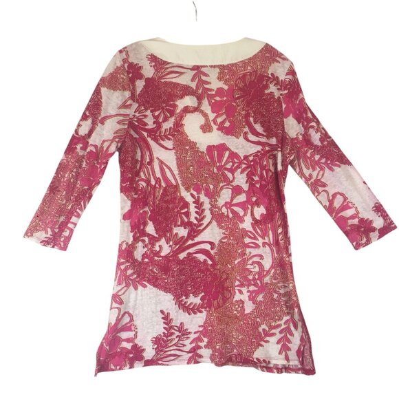 Coldwater Creek Tunic Top Womens M 10-12 Pink Floral Print Linen/Poly 3/4 Sleeve - Picture 2 of 8